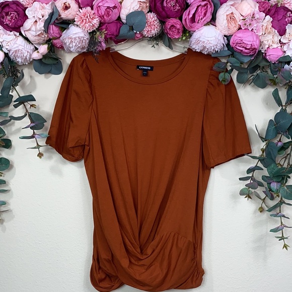 •express• Pumpkin Spice {twist hem} Puff Sleeved [burnt orange] NWOT T-Shirt - Picture 10 of 10